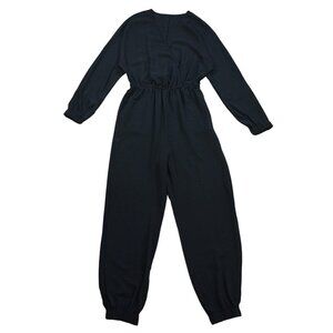 Black Long Sleeve Elastic Waist Womens Jumpsuit With Tapered Cuffs & V-Neck.